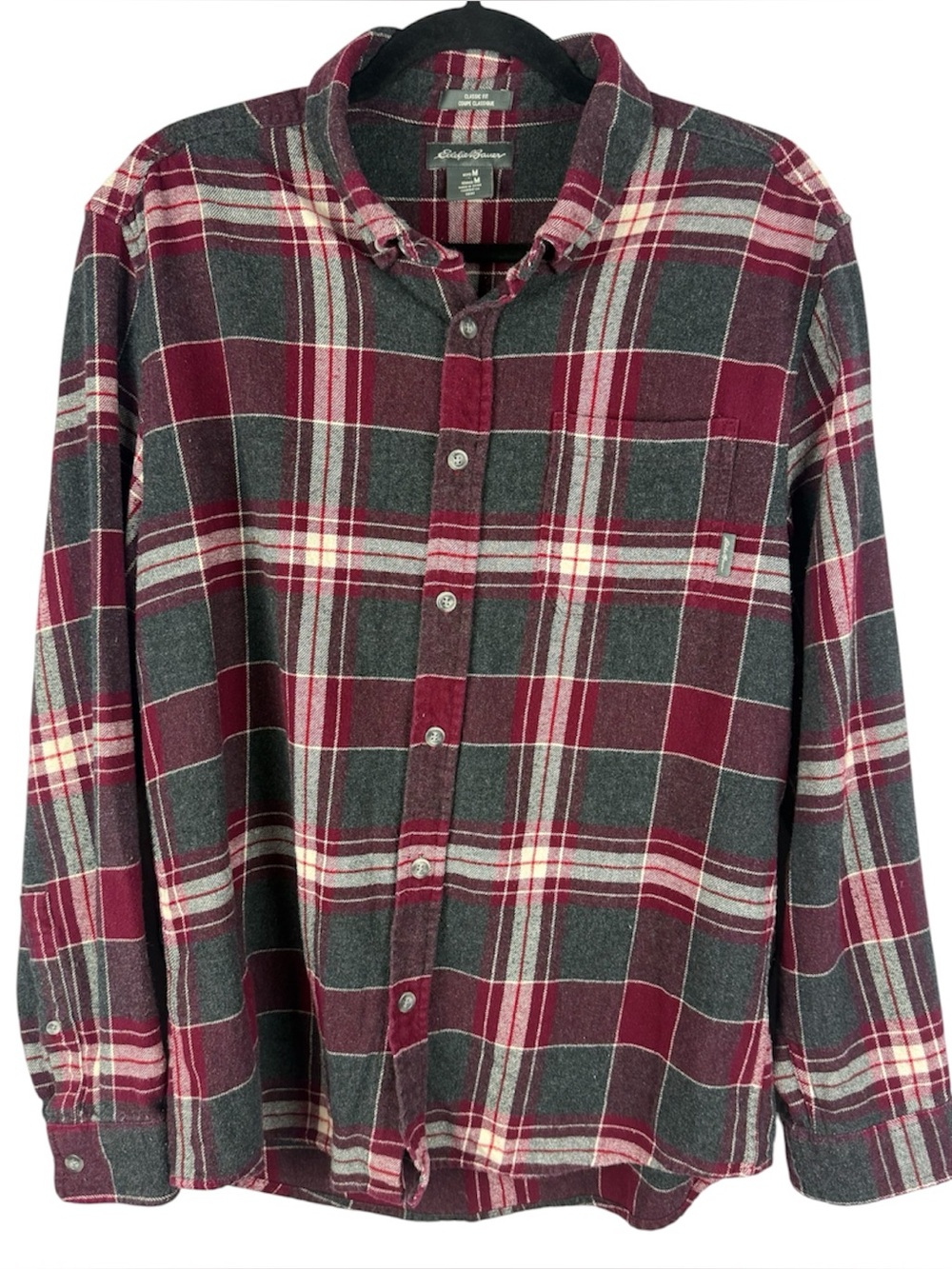 Eddie Bauer Mens Plaid Flannel Shirt Med Classic Fit Maroon Charcoal Gray Cotton